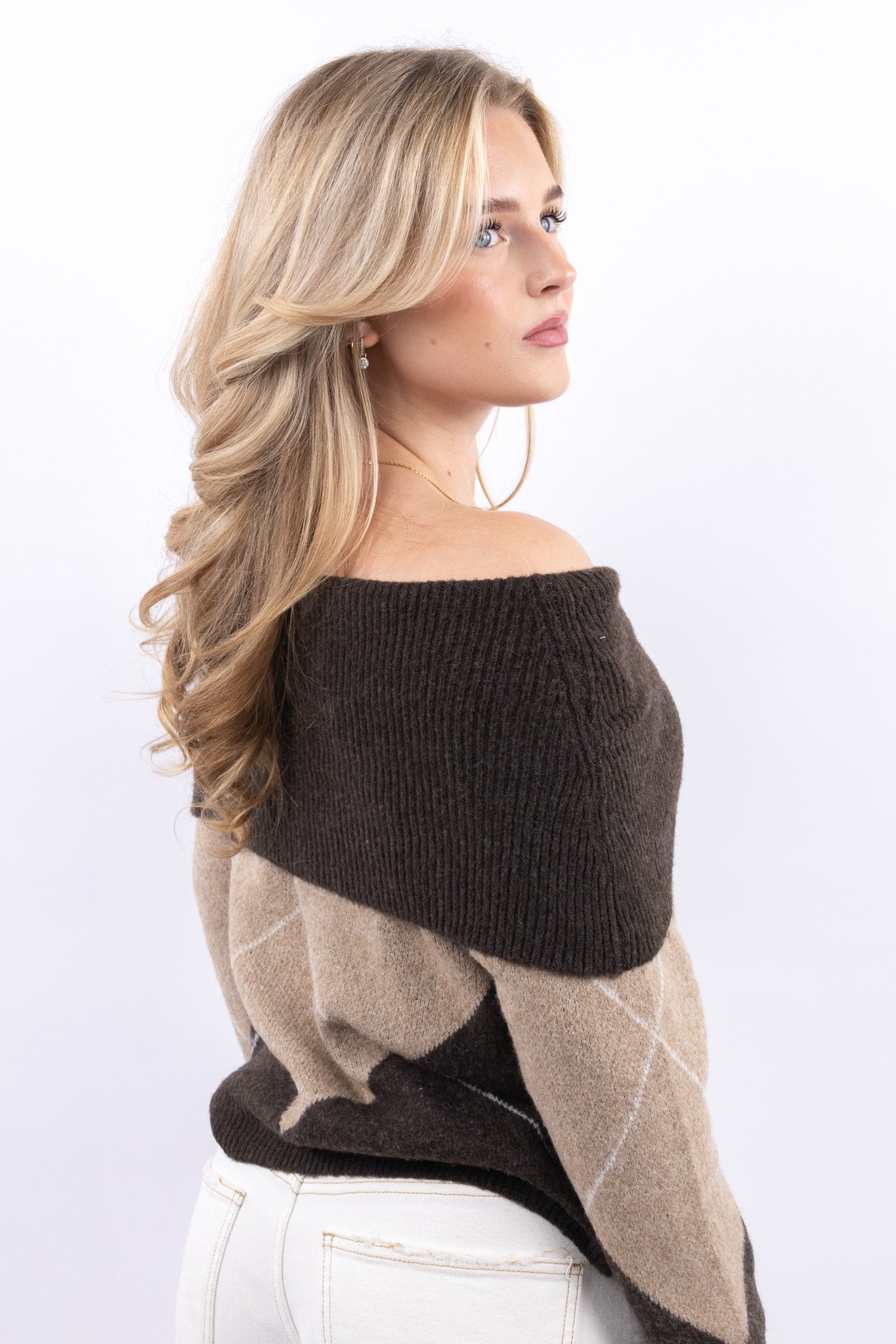 Off Shoulder Argyle Knit