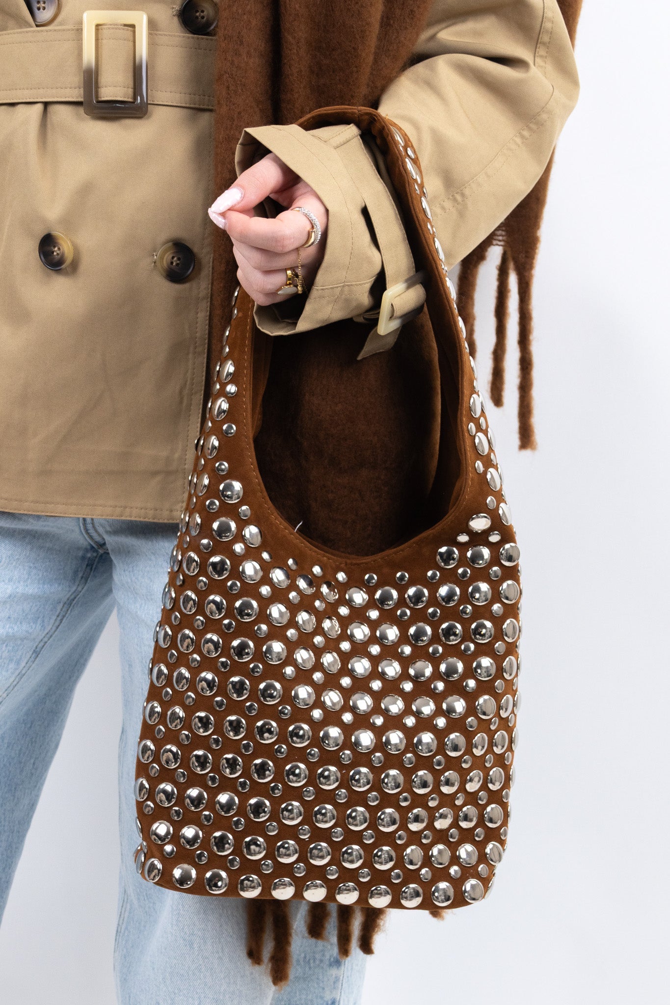 Studded Suede Shoulder Bag