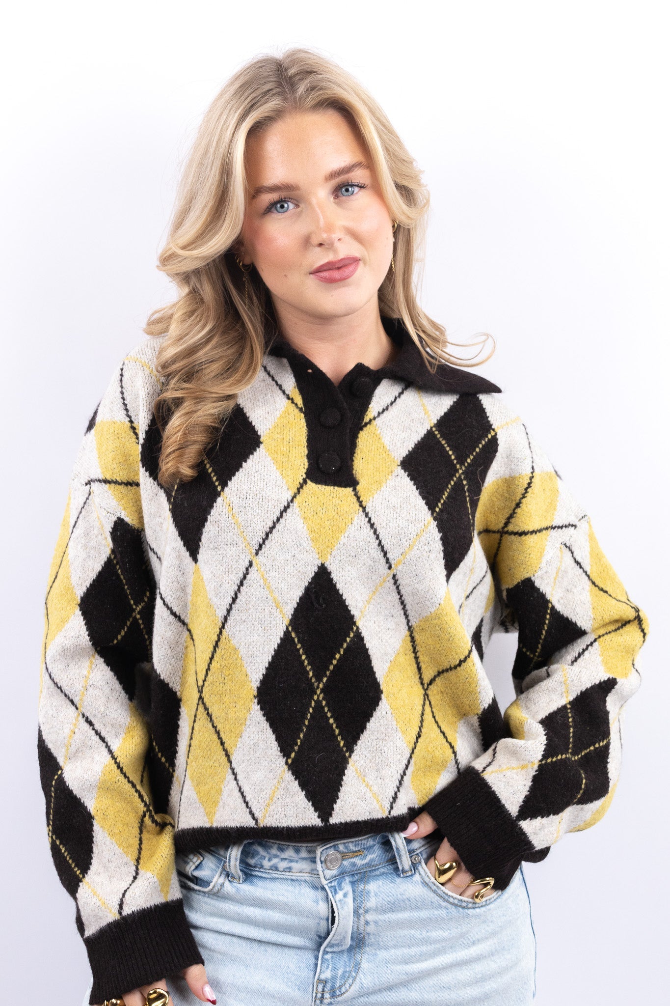 Buttoned Argyle Knit