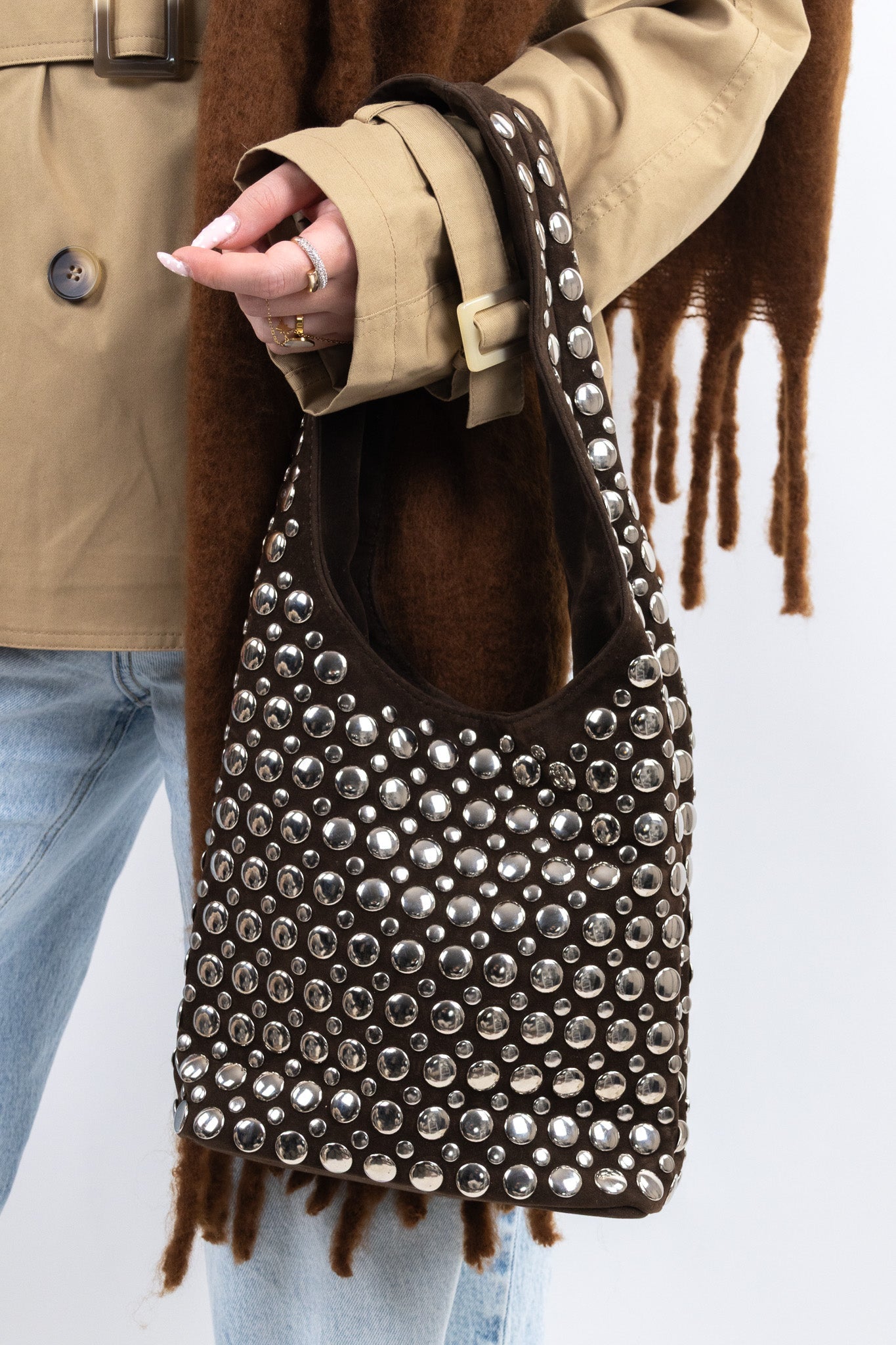 Studded Suede Shoulder Bag